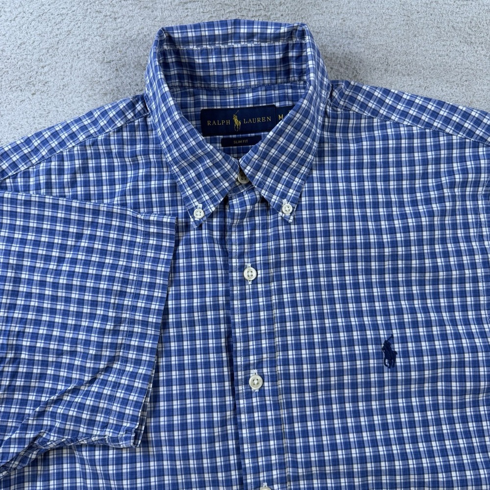 Ralph Lauren Shirt Mens Medium Blue Plaid Slim Fit Short Sleeve Button Down Pony